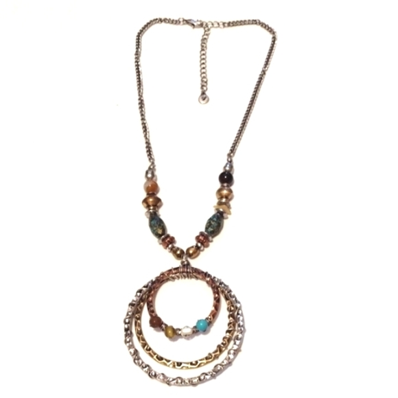 ROXY AND LOLA SILVER-TONE BEADED 3-TONE ROUND METAL PENDANT 17-20" NECKLACE - Picture 1 of 8